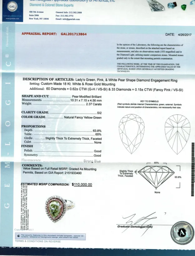 Rare Natural Fancy Green Pear Cut 18k Gold Diamond Ring GIA Certified 3.40 CTW