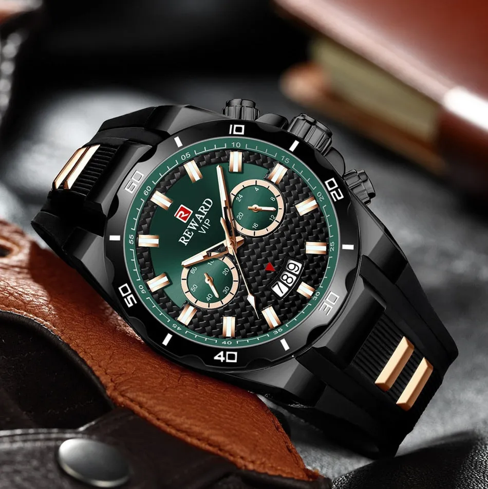 REWARD Men's Watches Waterproof Chronograph Sport Quartz Two Dials Wristwatch With Silicon Strap
