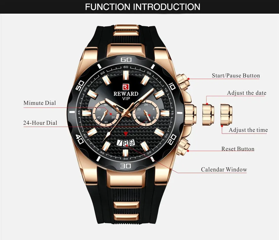 REWARD Men's Watches Waterproof Chronograph Sport Quartz Two Dials Wristwatch With Silicon Strap