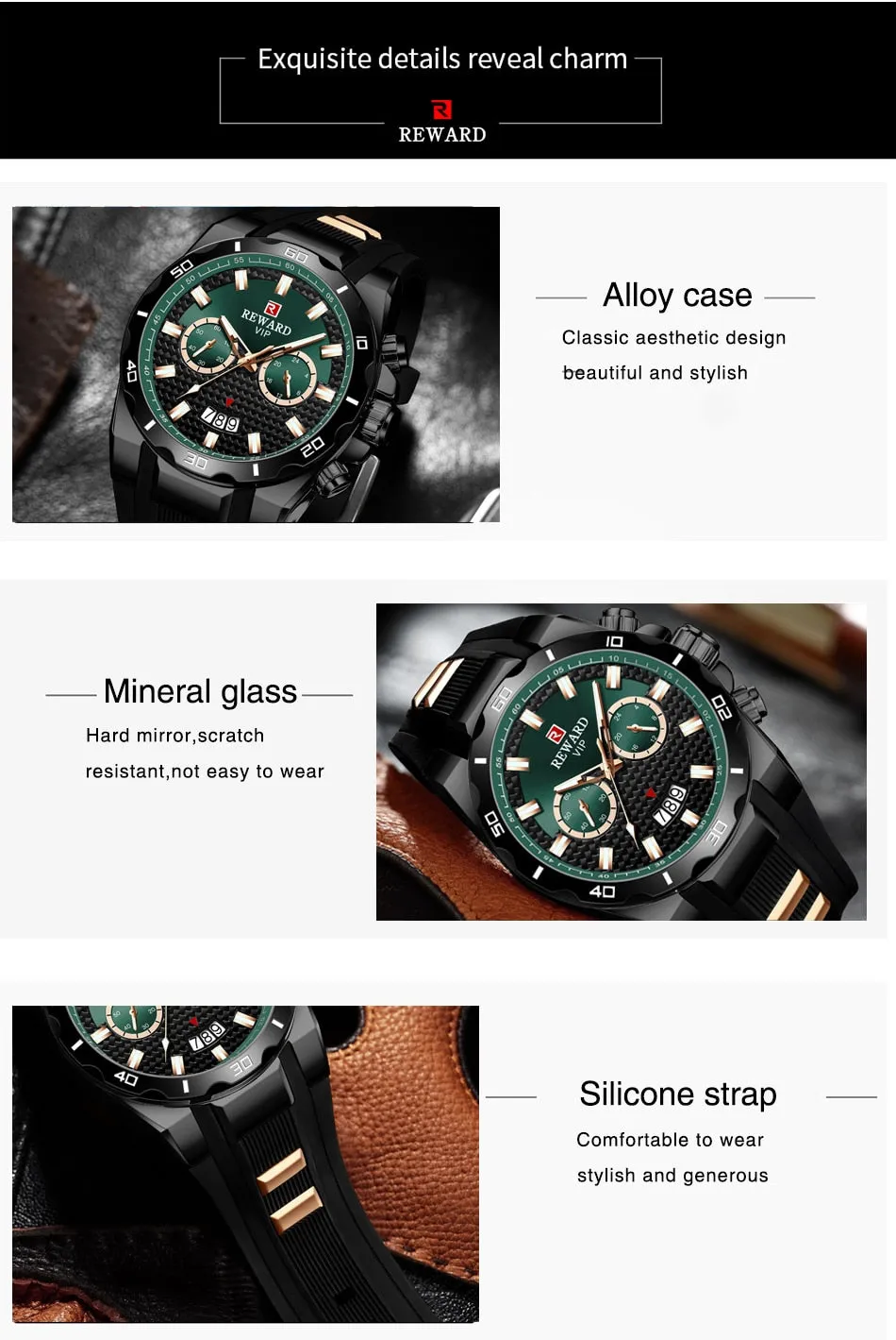 REWARD Men's Watches Waterproof Chronograph Sport Quartz Two Dials Wristwatch With Silicon Strap