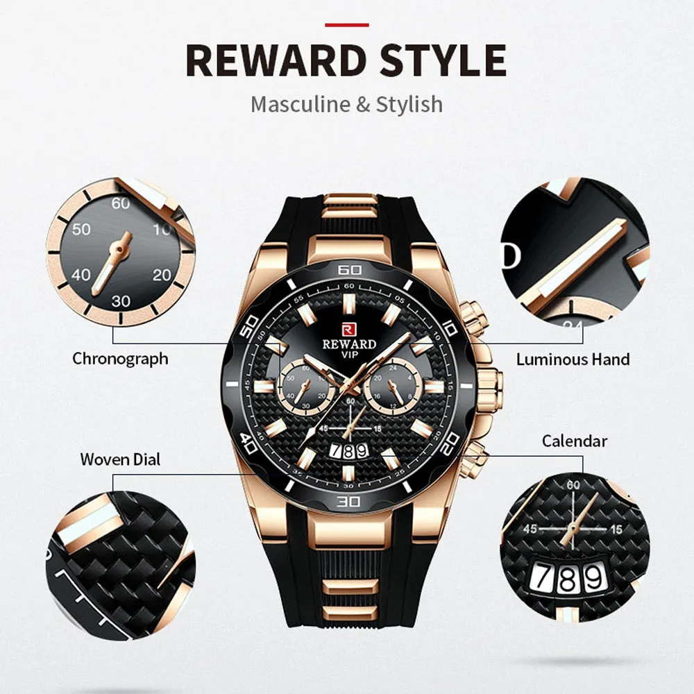 REWARD Men's Watches Waterproof Chronograph Sport Quartz Two Dials Wristwatch With Silicon Strap