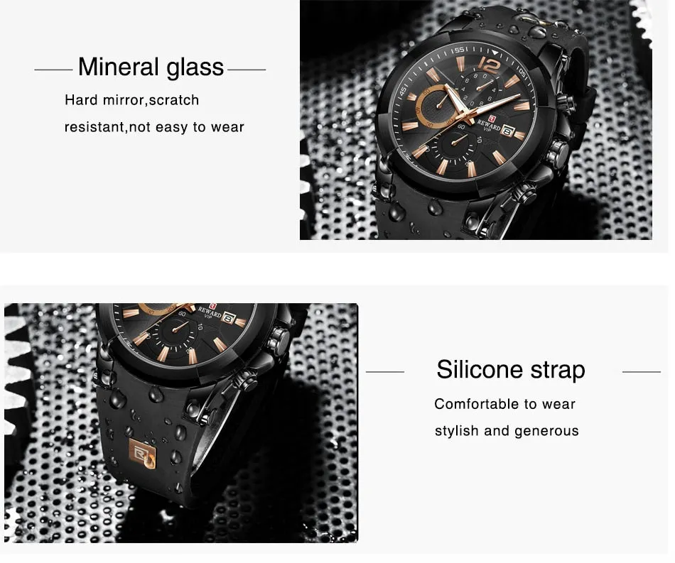 REWARD Men's Watches Waterproof Chronograph Sport Quartz Wristwatch With Silicon Strap