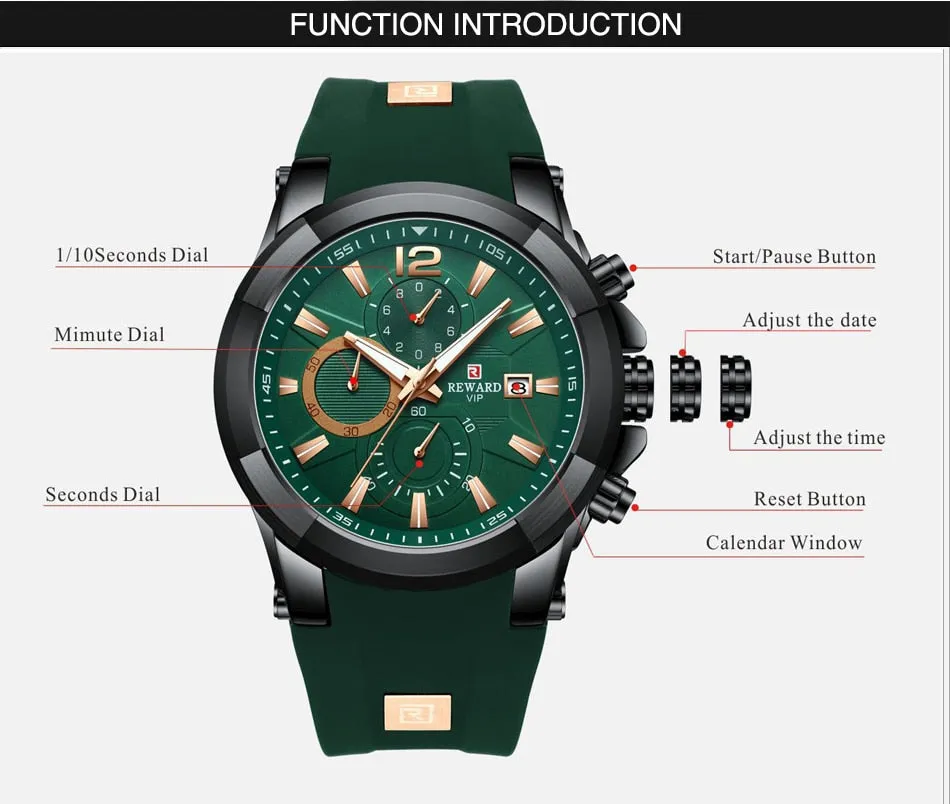 REWARD Men's Watches Waterproof Chronograph Sport Quartz Wristwatch With Silicon Strap