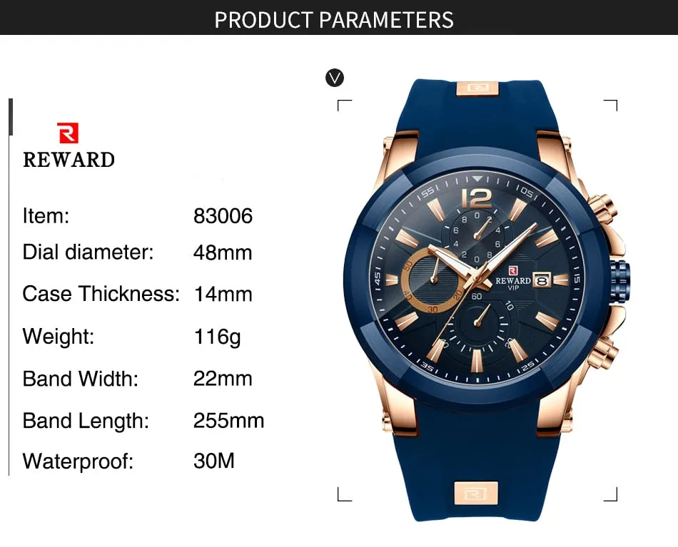 REWARD Men's Watches Waterproof Chronograph Sport Quartz Wristwatch With Silicon Strap
