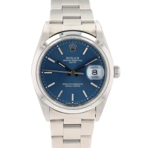 Rolex Date 15200 34mm Blue Index Dial Smooth Bezel Oyster Band