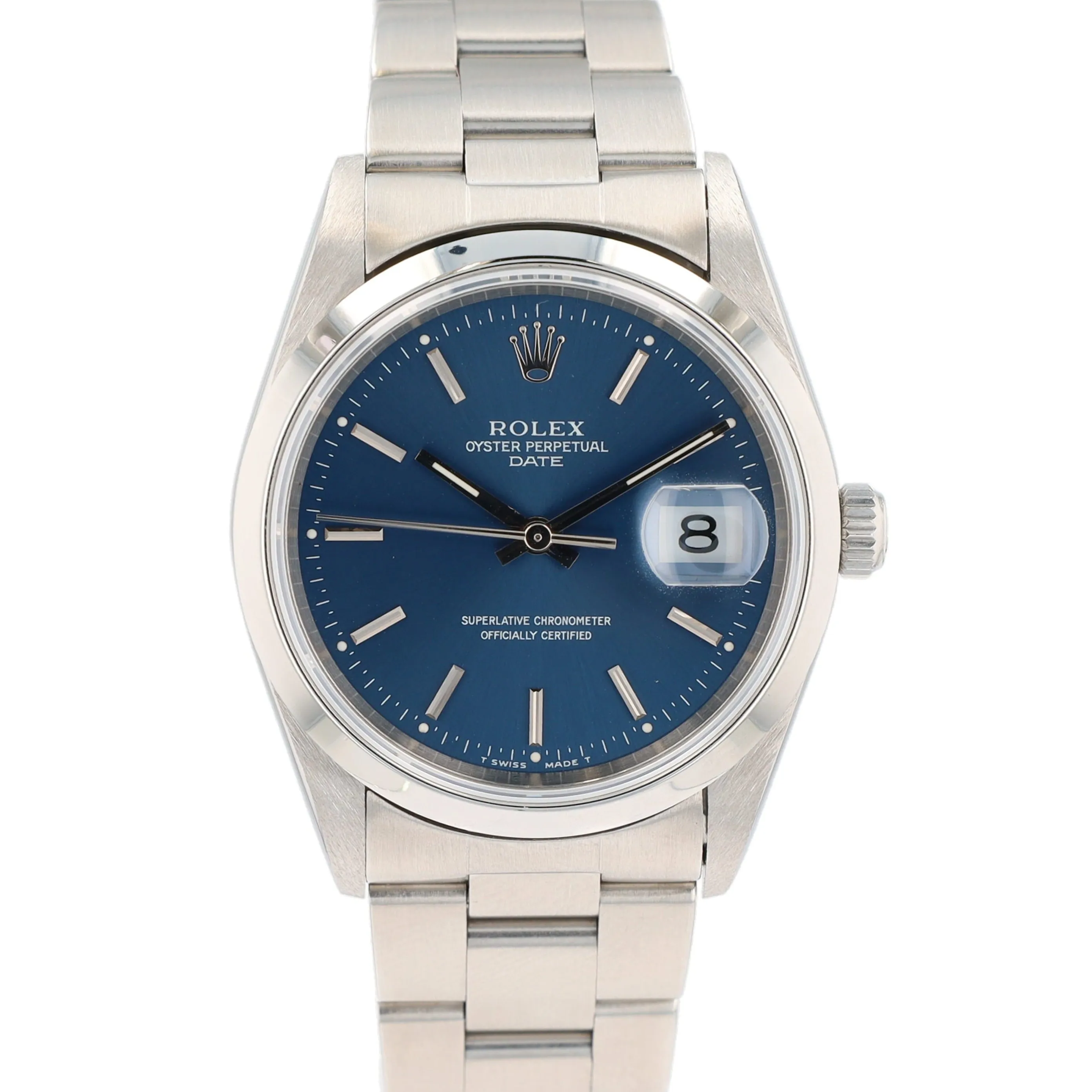 Rolex Date 15200 34mm Blue Index Dial Smooth Bezel Oyster Band