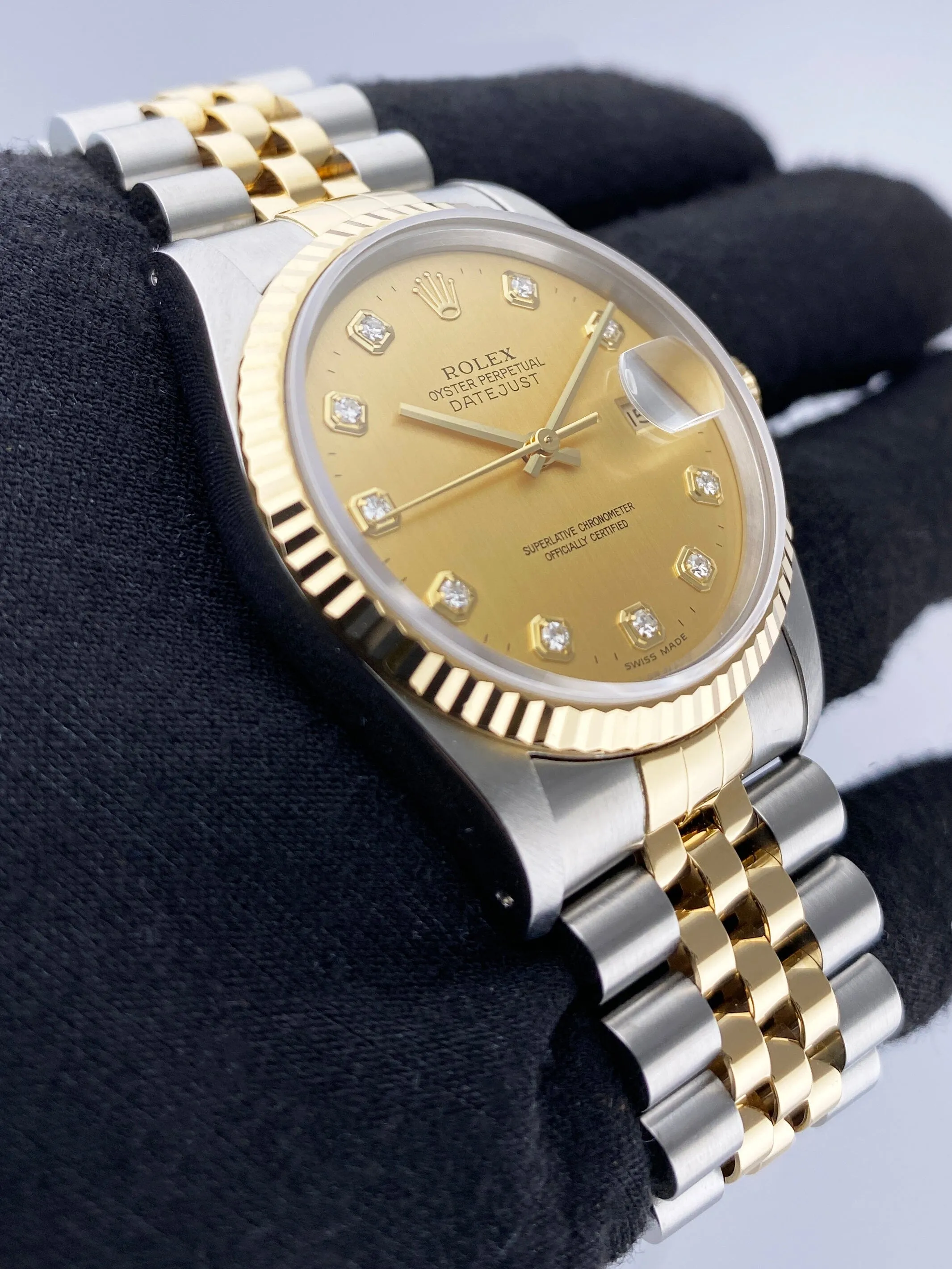 Rolex Datejust 16233 Diamond Champagne Shantung Dial Mens Watch