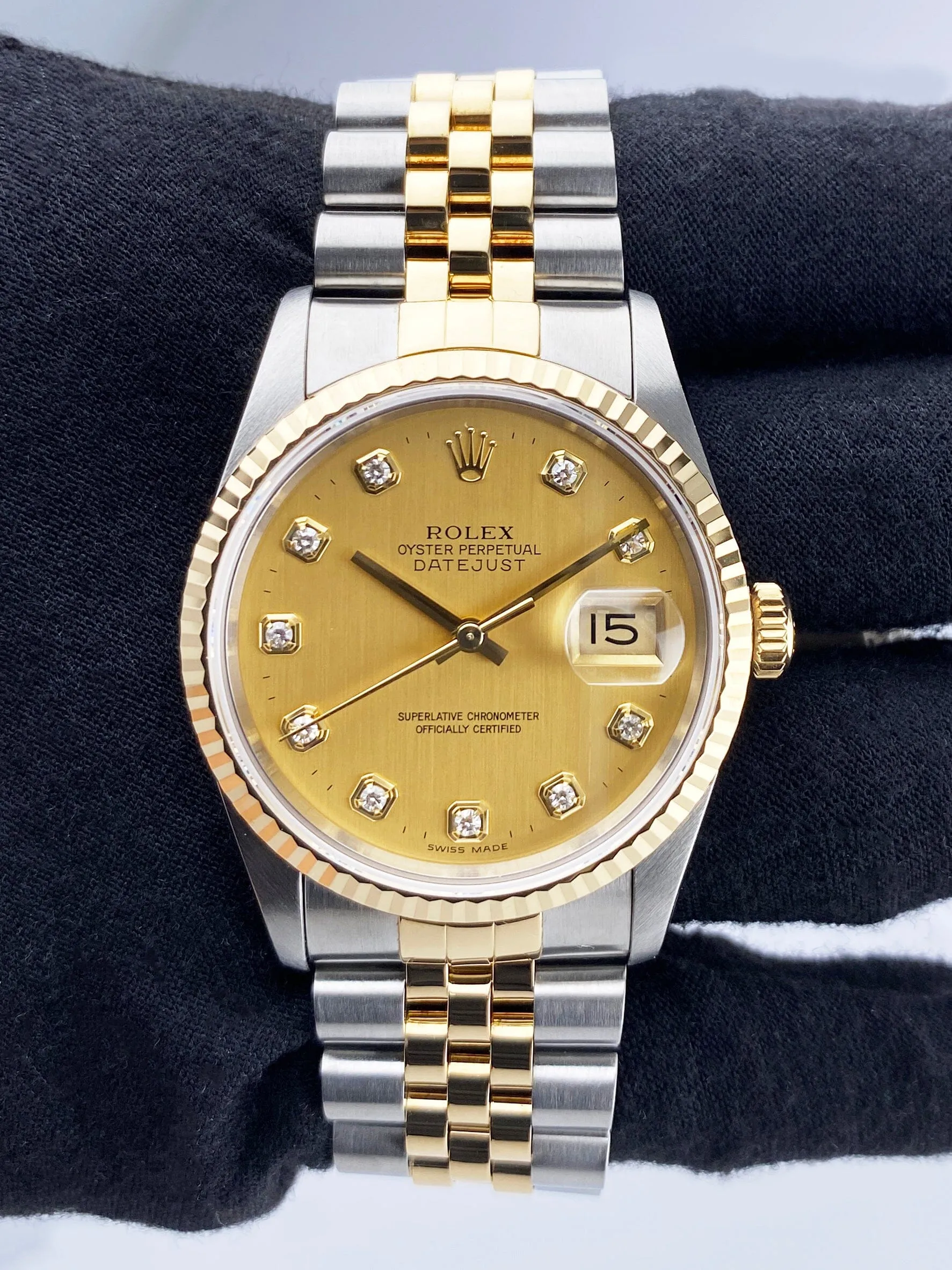 Rolex Datejust 16233 Diamond Champagne Shantung Dial Mens Watch