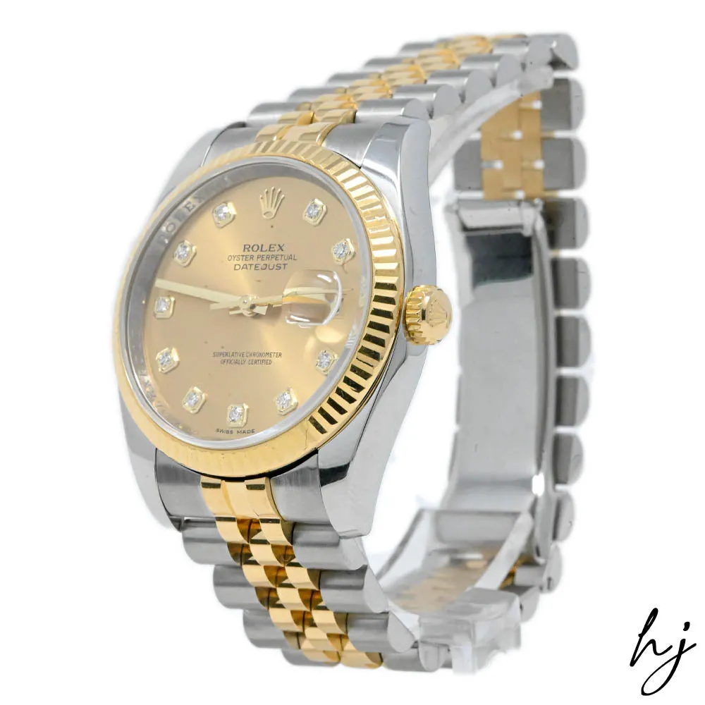 Rolex Datejust 36 18K Yellow Gold & Steel 36mm Champagne Diamond Dial Watch Reference #: 116233