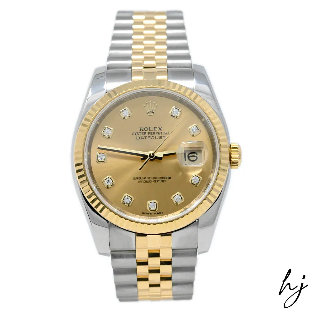 Rolex Datejust 36 18K Yellow Gold & Steel 36mm Champagne Diamond Dial Watch Reference #: 116233