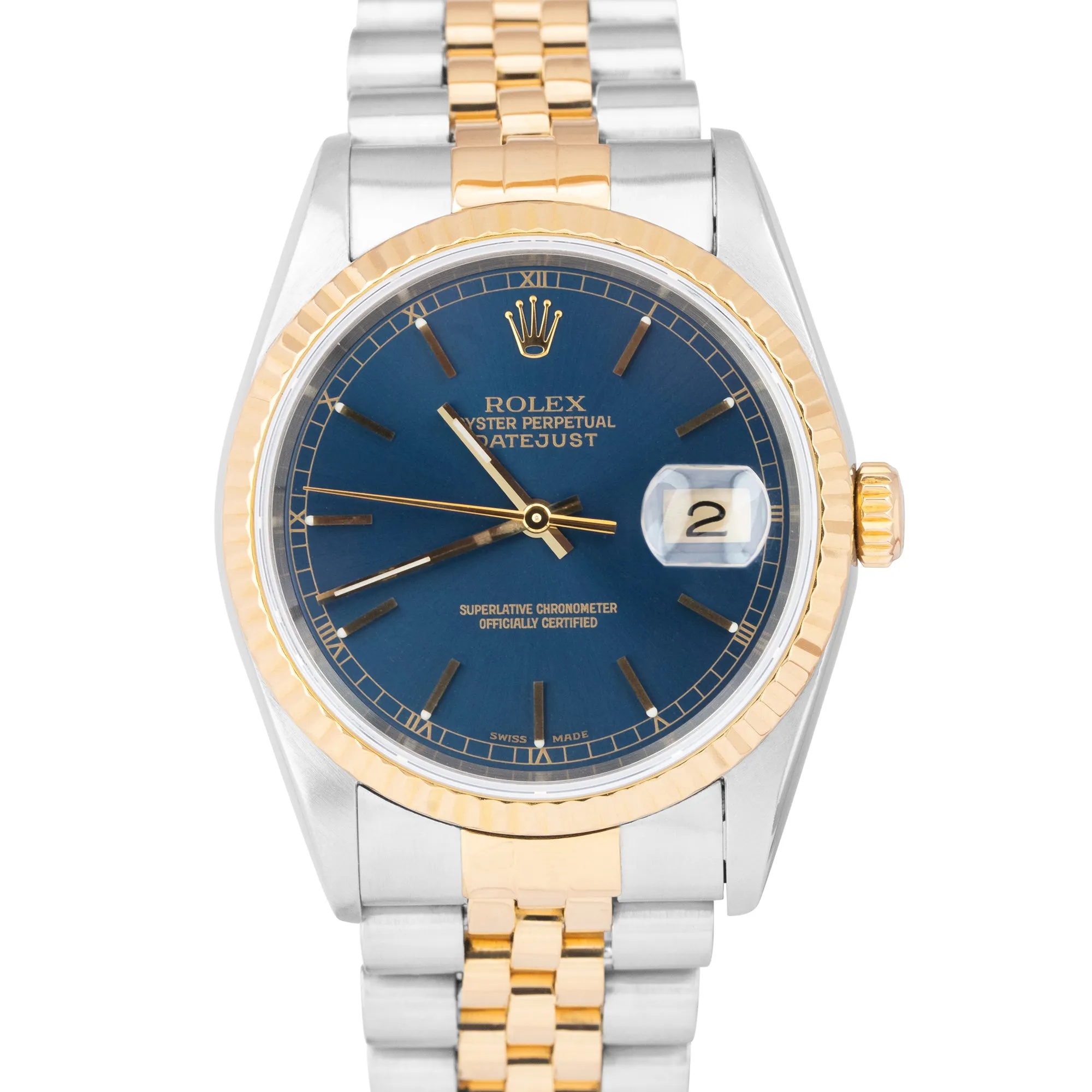 Rolex DateJust 36mm Blue Two-Tone 18K Gold NO-HOLES CASE Jubilee Watch 16233 B P
