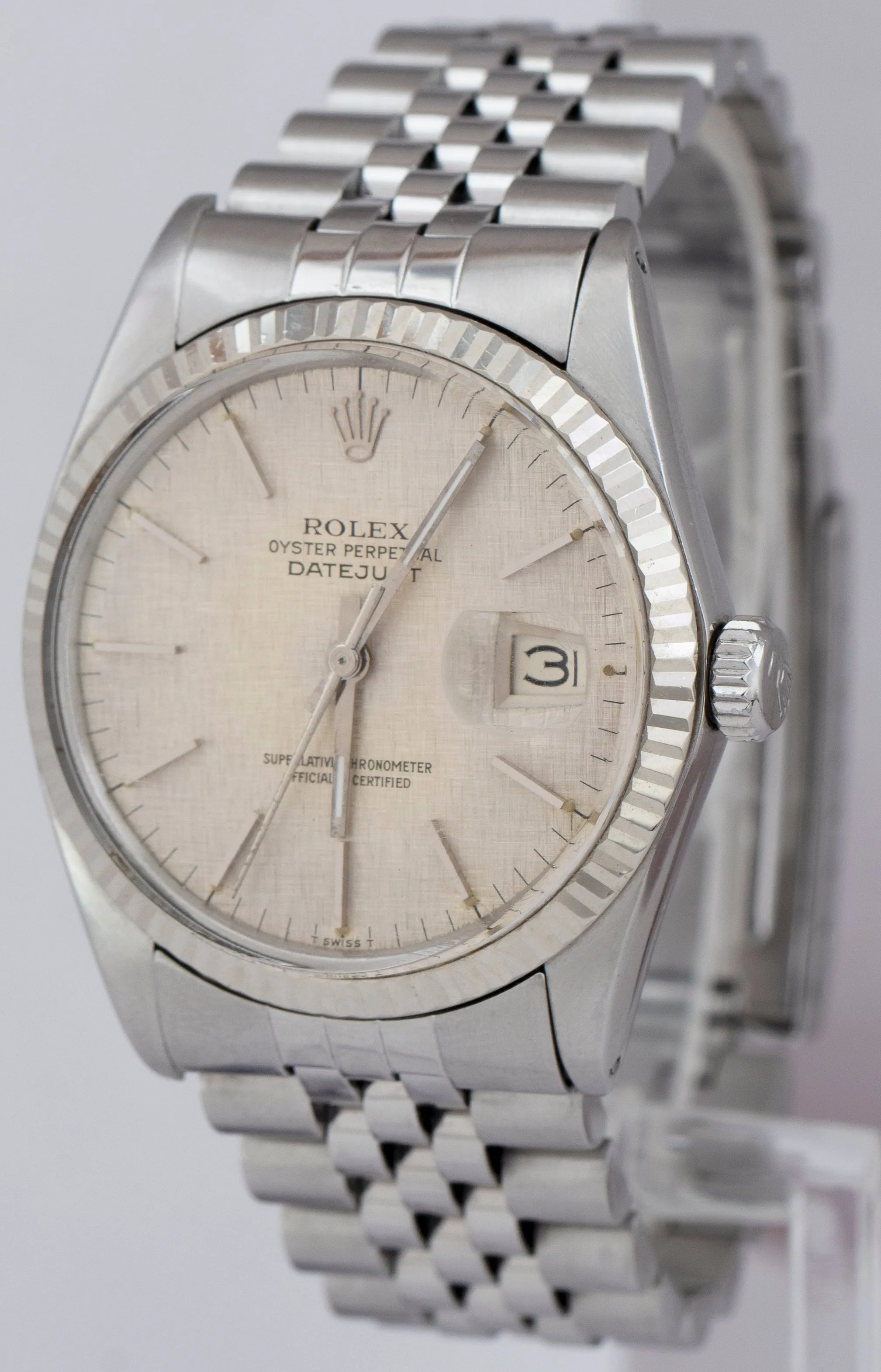 Rolex DateJust 36mm Silver Linen Jubilee Fluted Stainless Steel Watch 16014