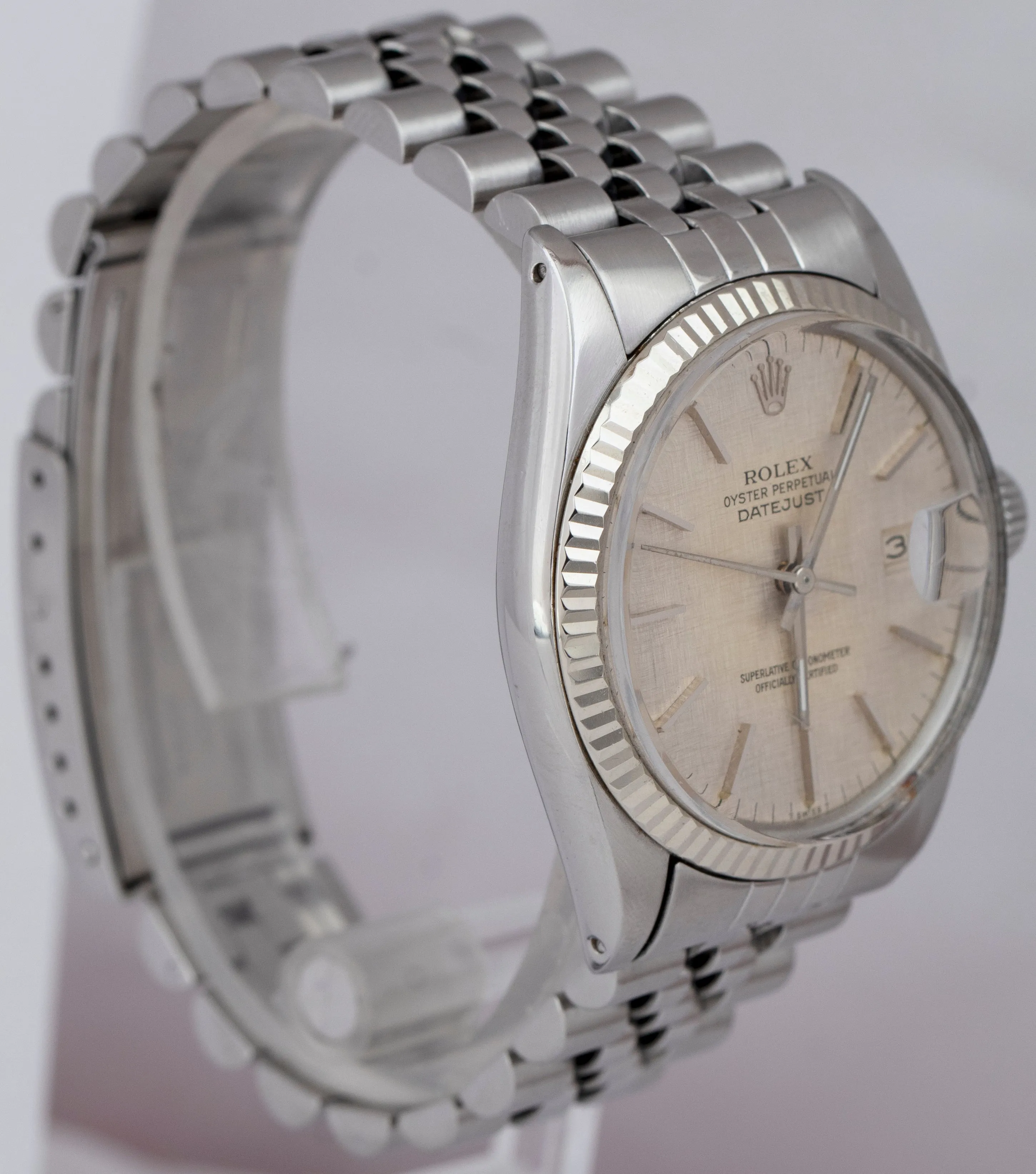 Rolex DateJust 36mm Silver Linen Jubilee Fluted Stainless Steel Watch 16014
