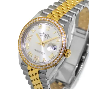 Rolex Datejust 36mm Yellow Gold & Steel Silver Roman Dial & Diamond Bezel 126283RBR