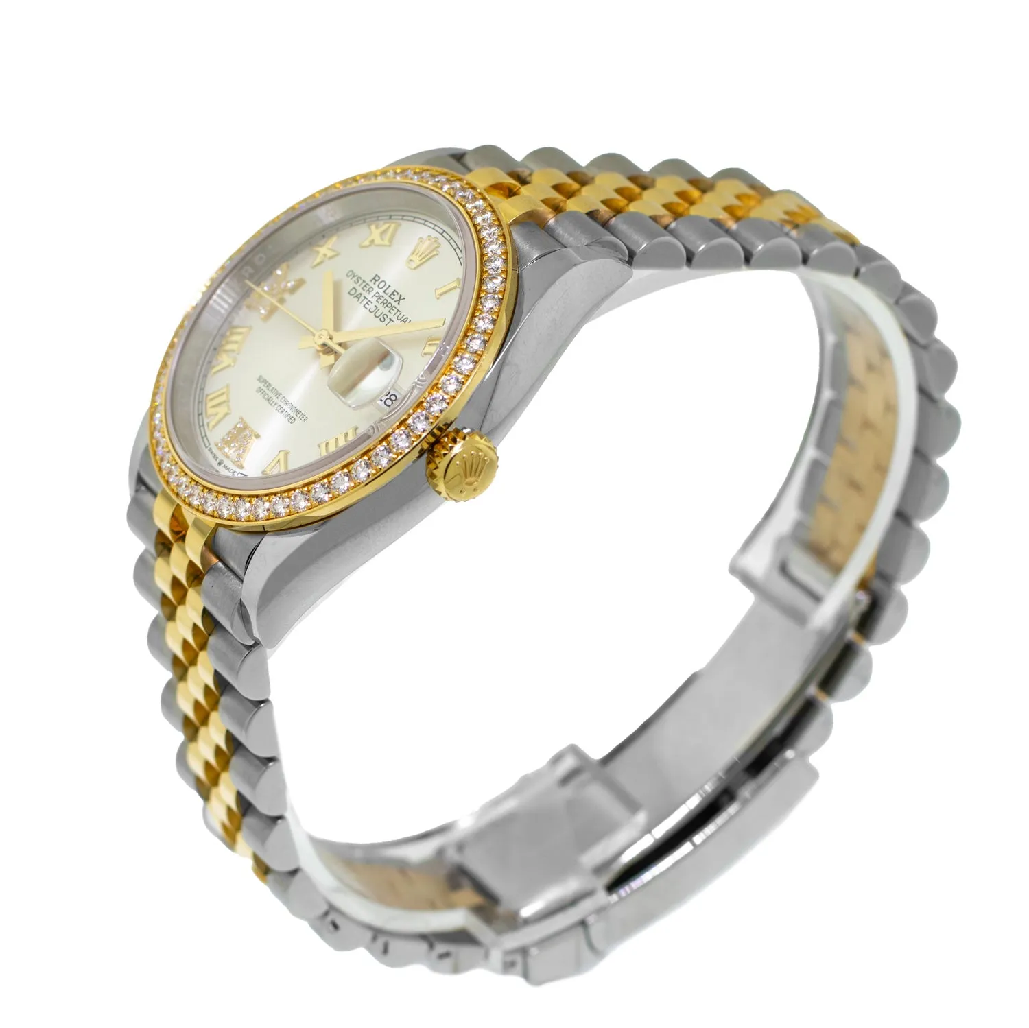 Rolex Datejust 36mm Yellow Gold & Steel Silver Roman Dial & Diamond Bezel 126283RBR
