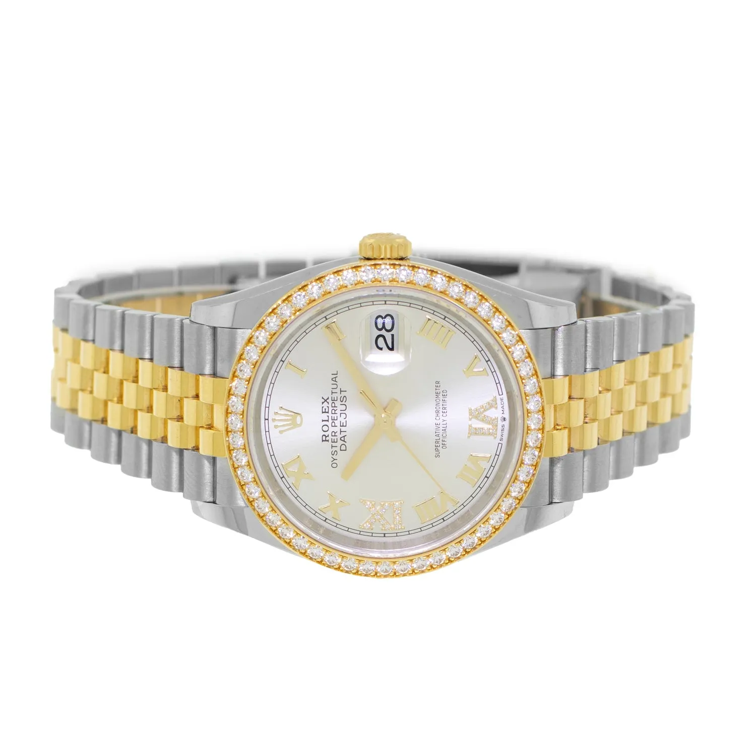 Rolex Datejust 36mm Yellow Gold & Steel Silver Roman Dial & Diamond Bezel 126283RBR