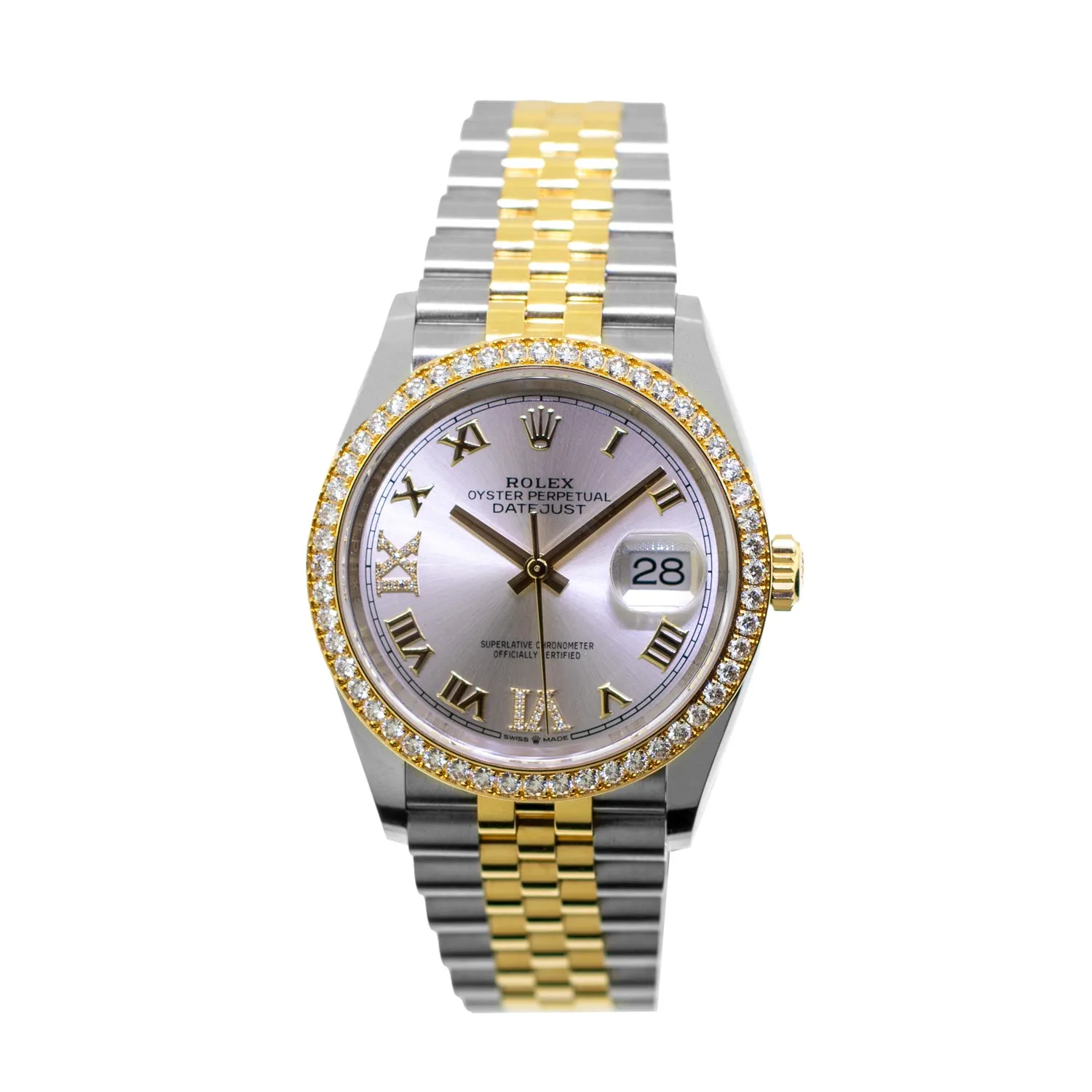 Rolex Datejust 36mm Yellow Gold & Steel Silver Roman Dial & Diamond Bezel 126283RBR