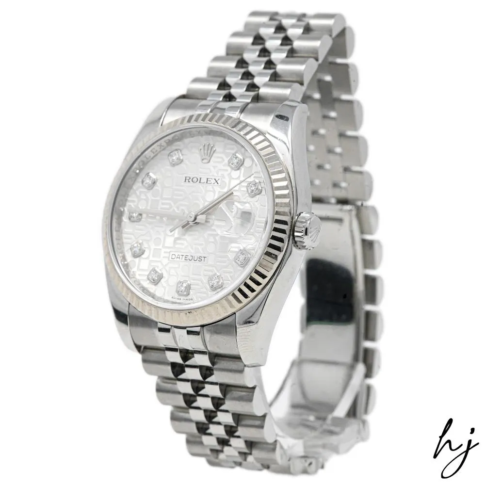 Rolex Datejust Stainless Steel 36mm Silver "Jubilee Design" Diamond Dial Watch Reference #: 116234