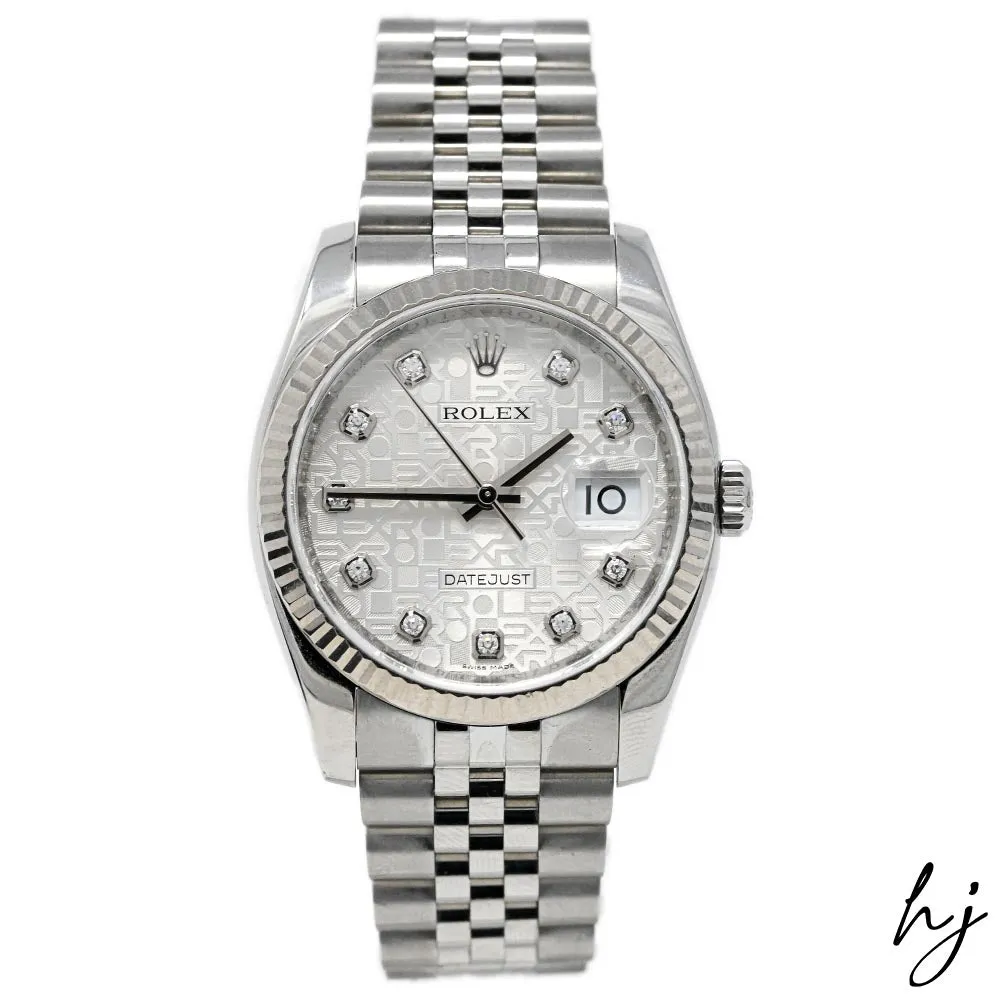 Rolex Datejust Stainless Steel 36mm Silver "Jubilee Design" Diamond Dial Watch Reference #: 116234