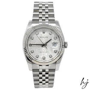 Rolex Datejust Stainless Steel 36mm Silver "Jubilee Design" Diamond Dial Watch Reference #: 116234