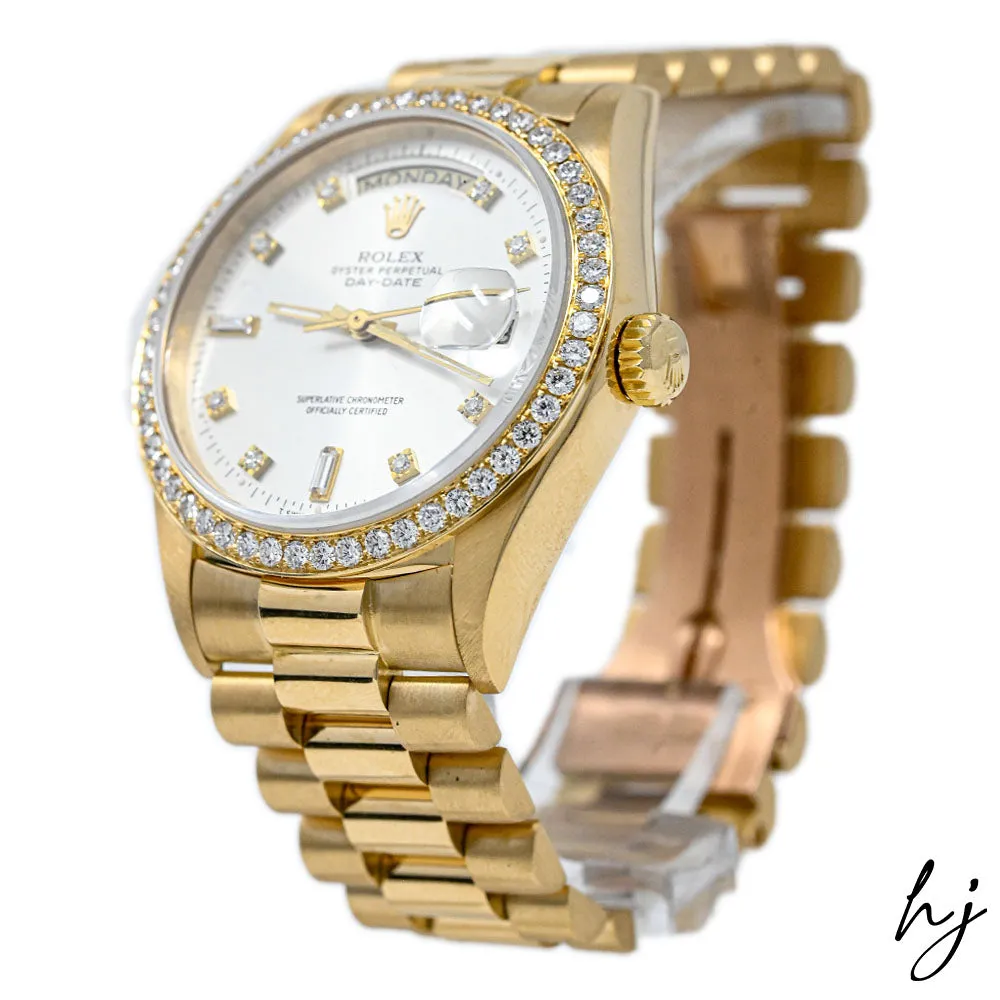 Rolex Day-Date 18K Yellow Gold 36mm Silver Diamond Dial Watch ALL FACTORY! Reference #: 18038