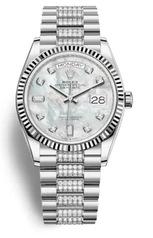 Rolex Day-Date 36 Mother of Pearl Dial 18kt White Gold Diamond Set President Watch 128239MDDP
