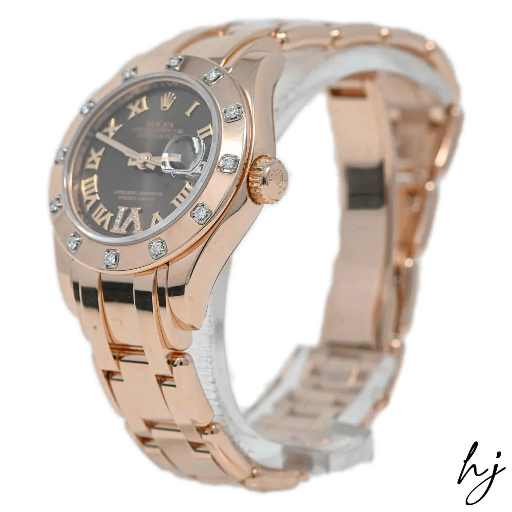 Rolex Ladies Datejust Pearlmaster 18K Rose Gold 29mm Chocolate Roman Dial Watch Reference #: 80315