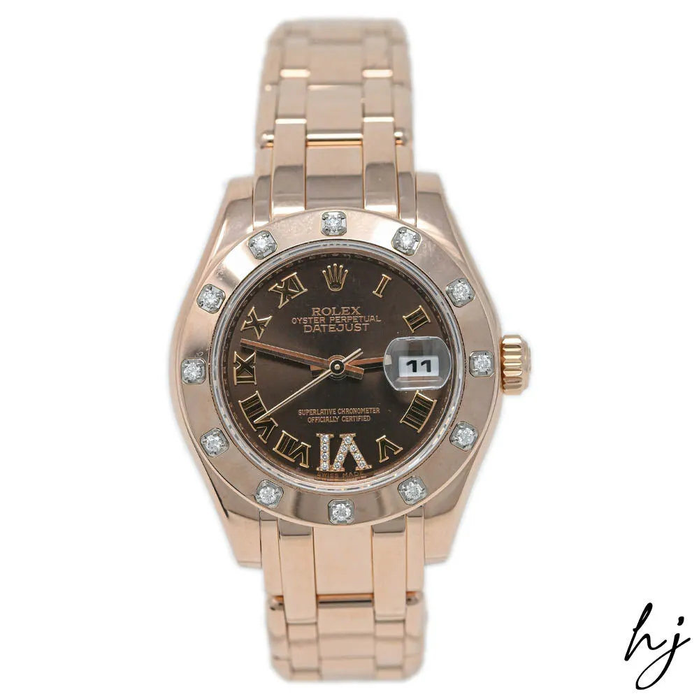 Rolex Ladies Datejust Pearlmaster 18K Rose Gold 29mm Chocolate Roman Dial Watch Reference #: 80315