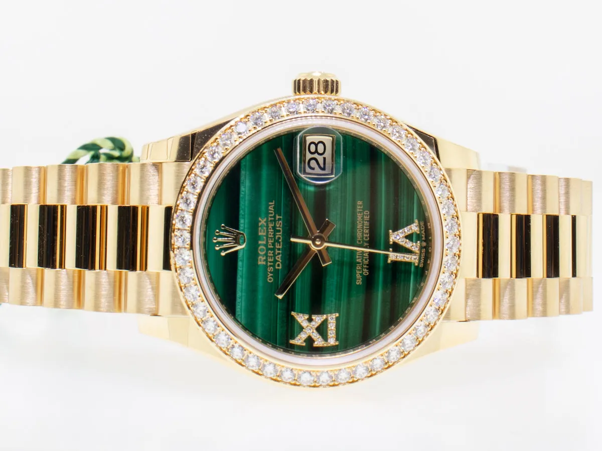 Rolex Lady-Datejust 31mm Yellow Gold Malachite Roman Dial & Diamond Bezel 278288RBR