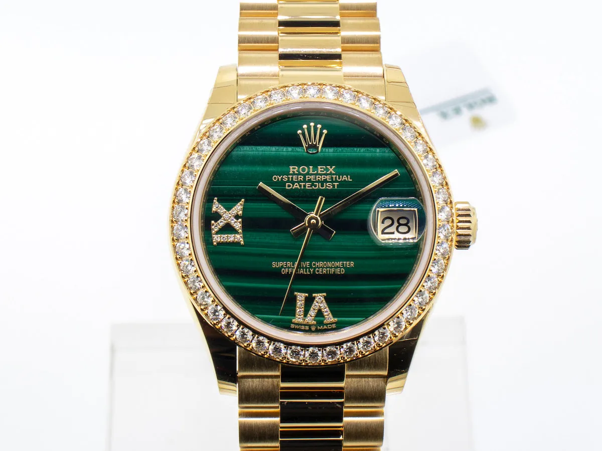 Rolex Lady-Datejust 31mm Yellow Gold Malachite Roman Dial & Diamond Bezel 278288RBR