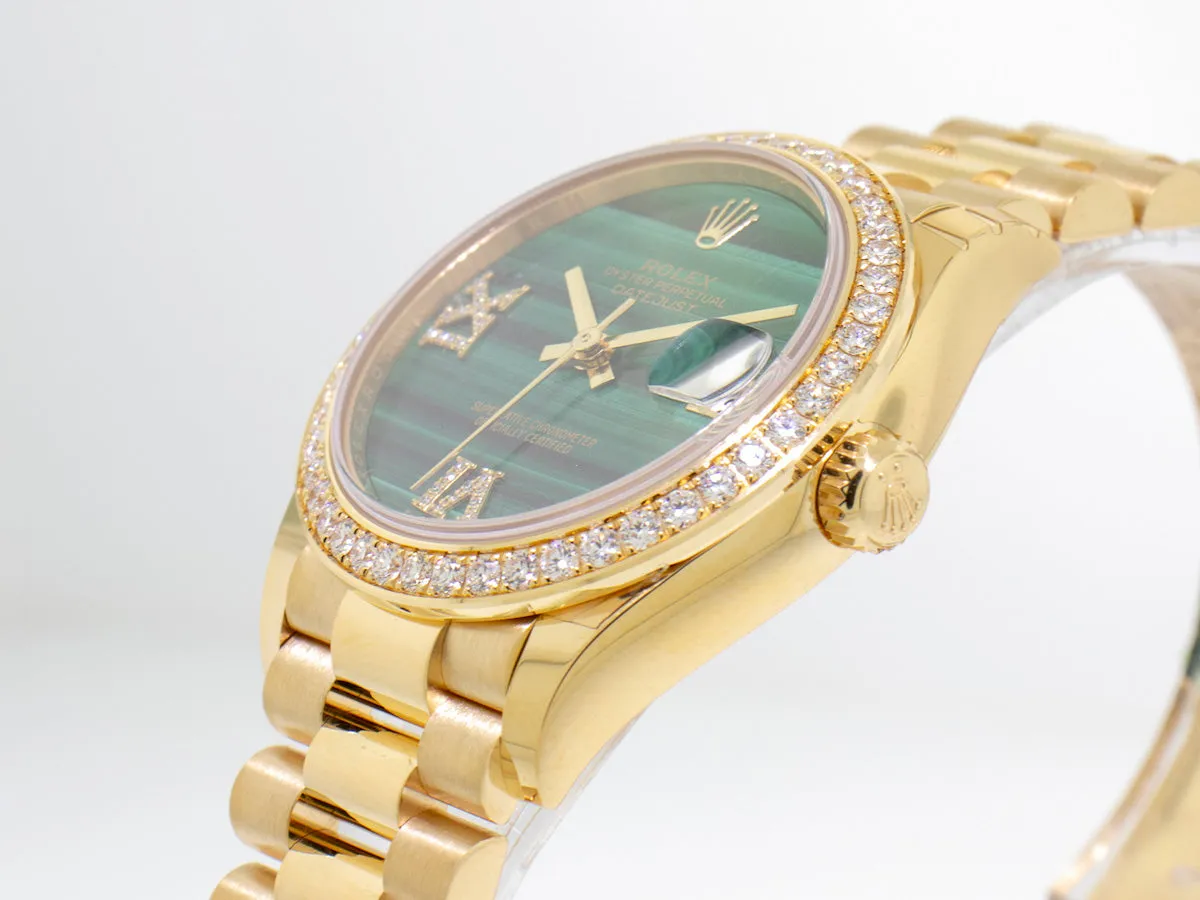 Rolex Lady-Datejust 31mm Yellow Gold Malachite Roman Dial & Diamond Bezel 278288RBR