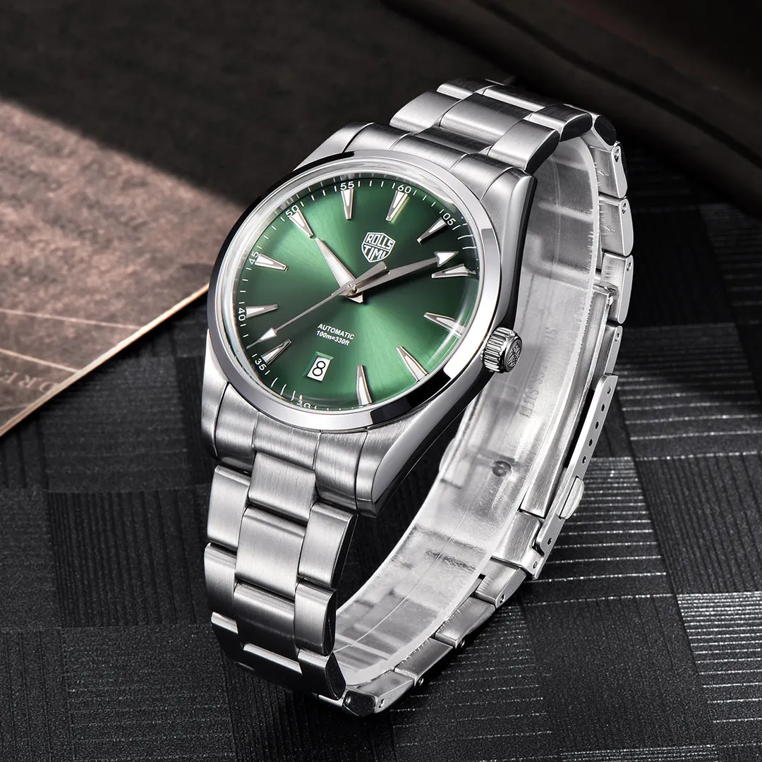 RollsTimi RT-7912 Automatic Men's Watches 38.6mm Stainless Steel Mechanical 100M Waterproof Wrist Watch for Men, TMI NH35 Movt, Sapphire Dial Glass