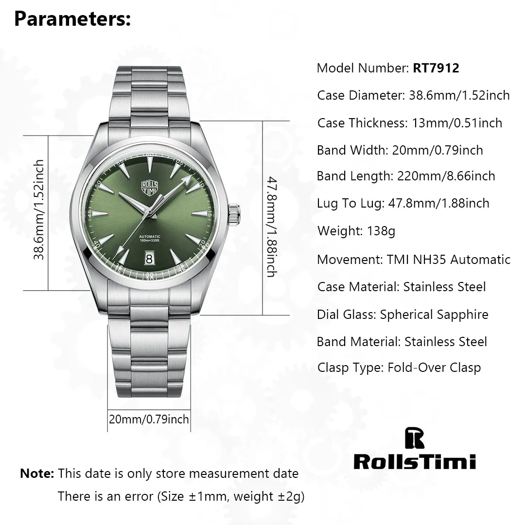 RollsTimi RT-7912 Automatic Men's Watches 38.6mm Stainless Steel Mechanical 100M Waterproof Wrist Watch for Men, TMI NH35 Movt, Sapphire Dial Glass