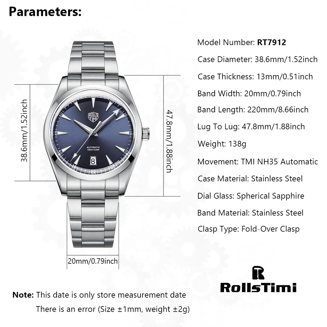 RollsTimi RT-7912 Automatic Men's Watches 38.6mm Stainless Steel Mechanical 100M Waterproof Wrist Watch for Men, TMI NH35 Movt, Sapphire Dial Glass