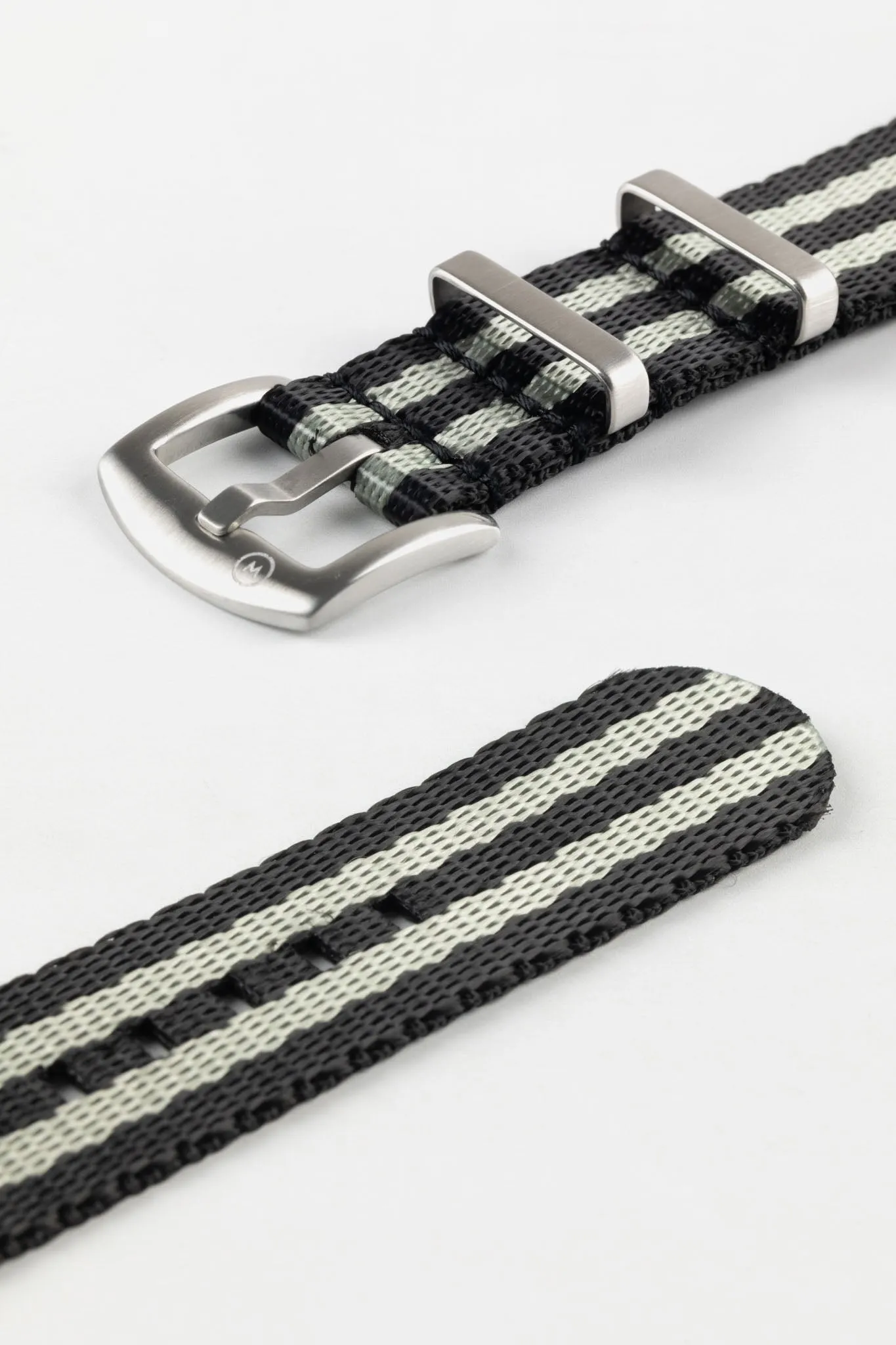 Seatbelt Nylon Watch Strap in BLACK & GREY Stripes with BRUSHED STEEL Hardware