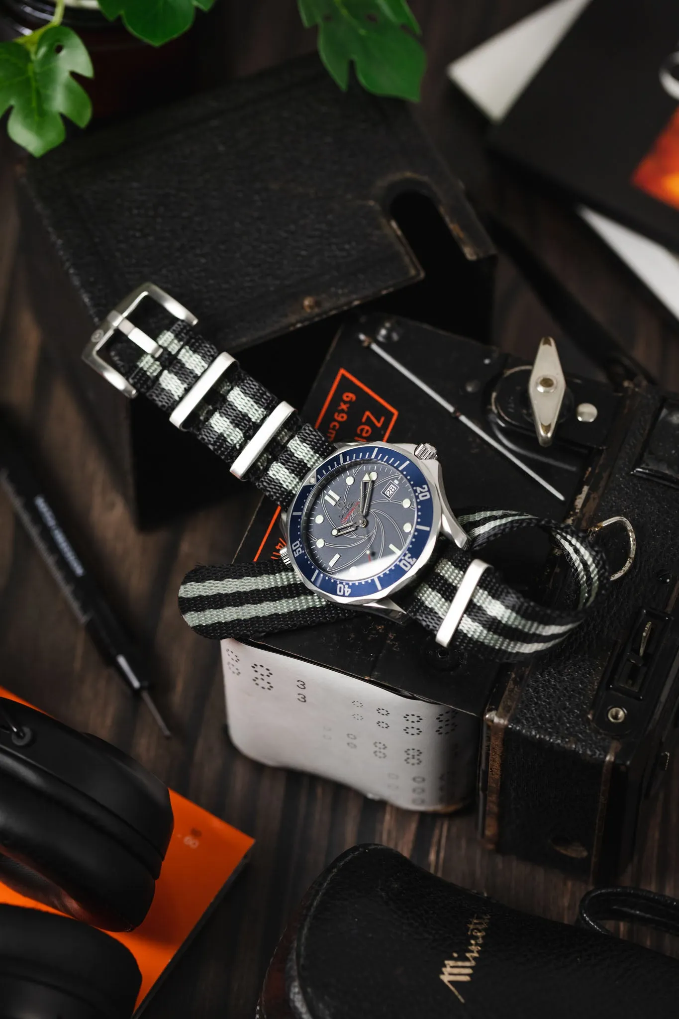 Seatbelt Nylon Watch Strap in BLACK & GREY Stripes with BRUSHED STEEL Hardware