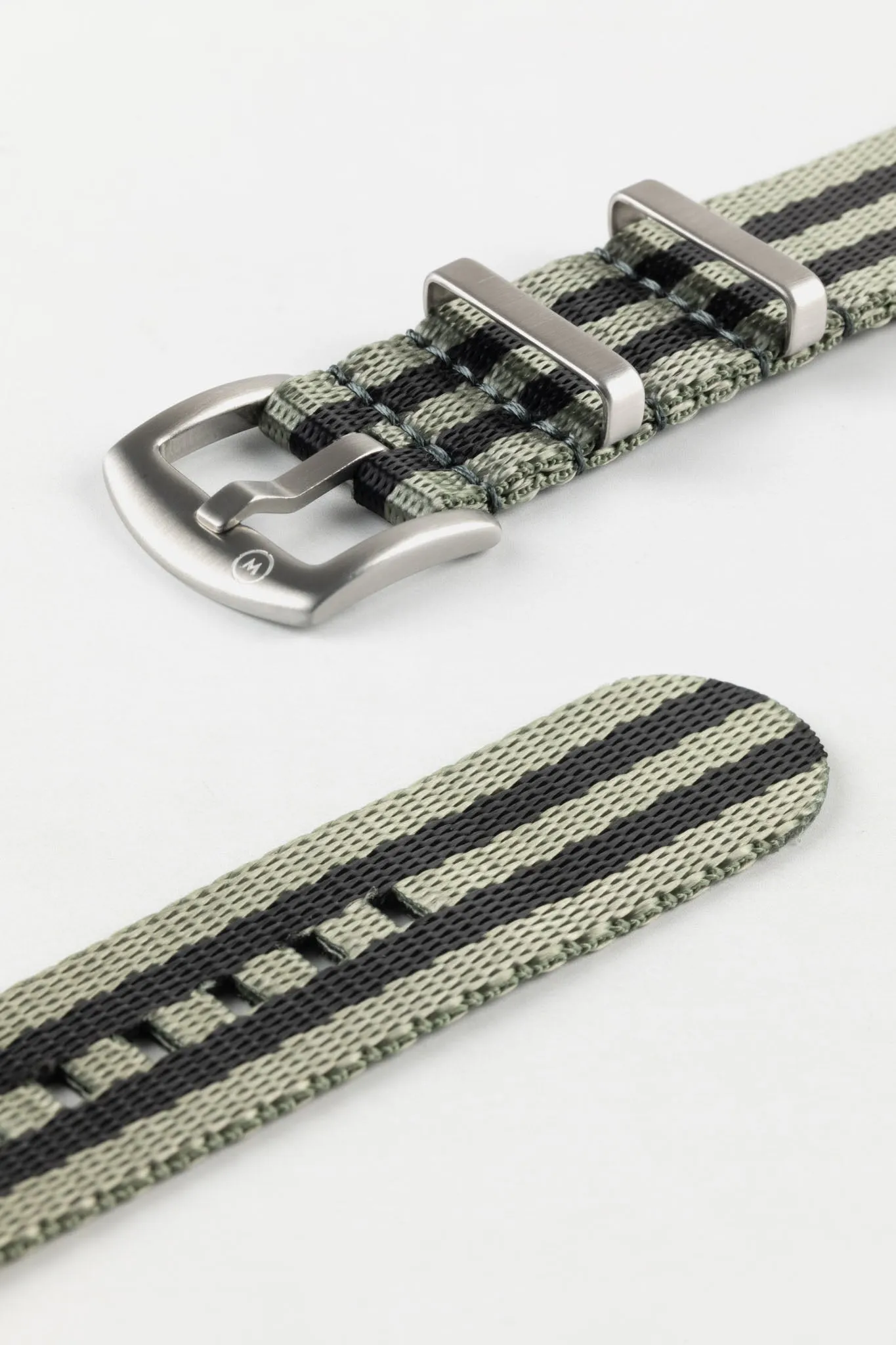 Seatbelt Nylon Watch Strap in GREY & BLACK Stripes with BRUSHED STEEL Hardware