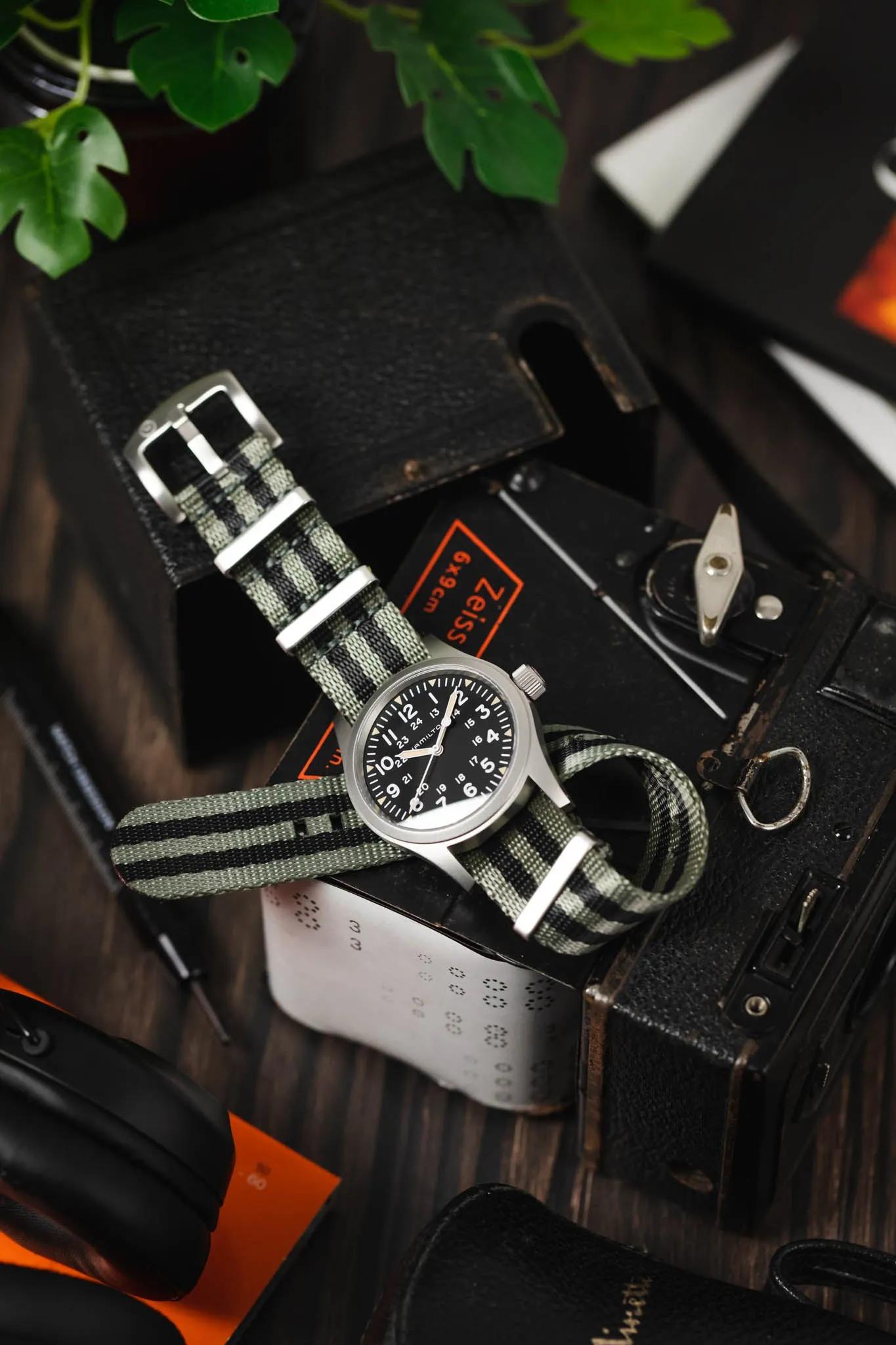 Seatbelt Nylon Watch Strap in GREY & BLACK Stripes with BRUSHED STEEL Hardware