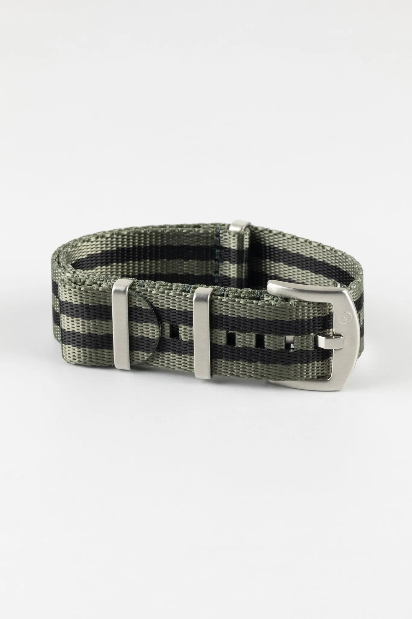 Seatbelt Nylon Watch Strap in GREY & BLACK Stripes with BRUSHED STEEL Hardware