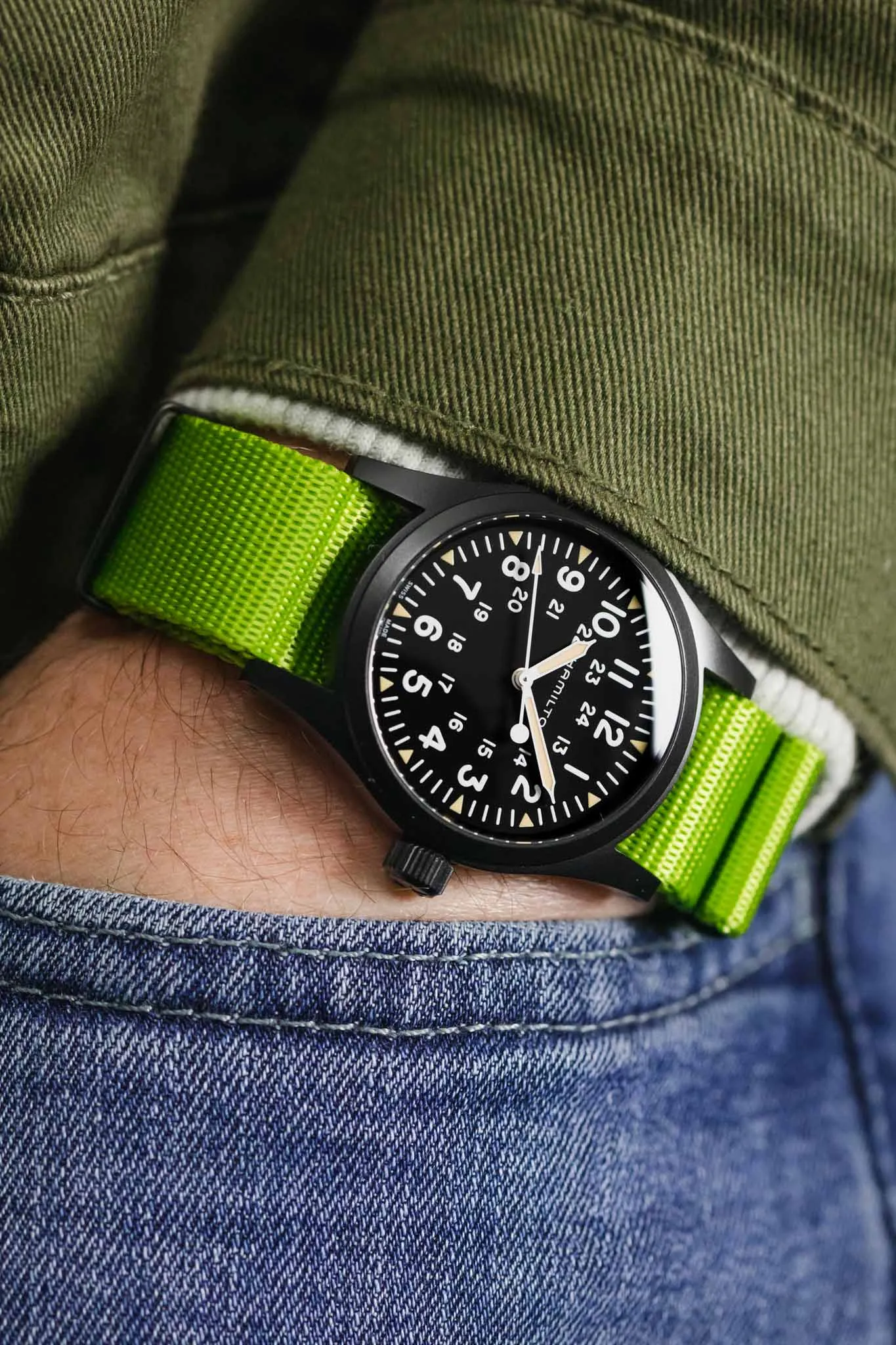 Seatbelt Nylon Watch Strap in LIME GREEN with BLACK PVD Hardware