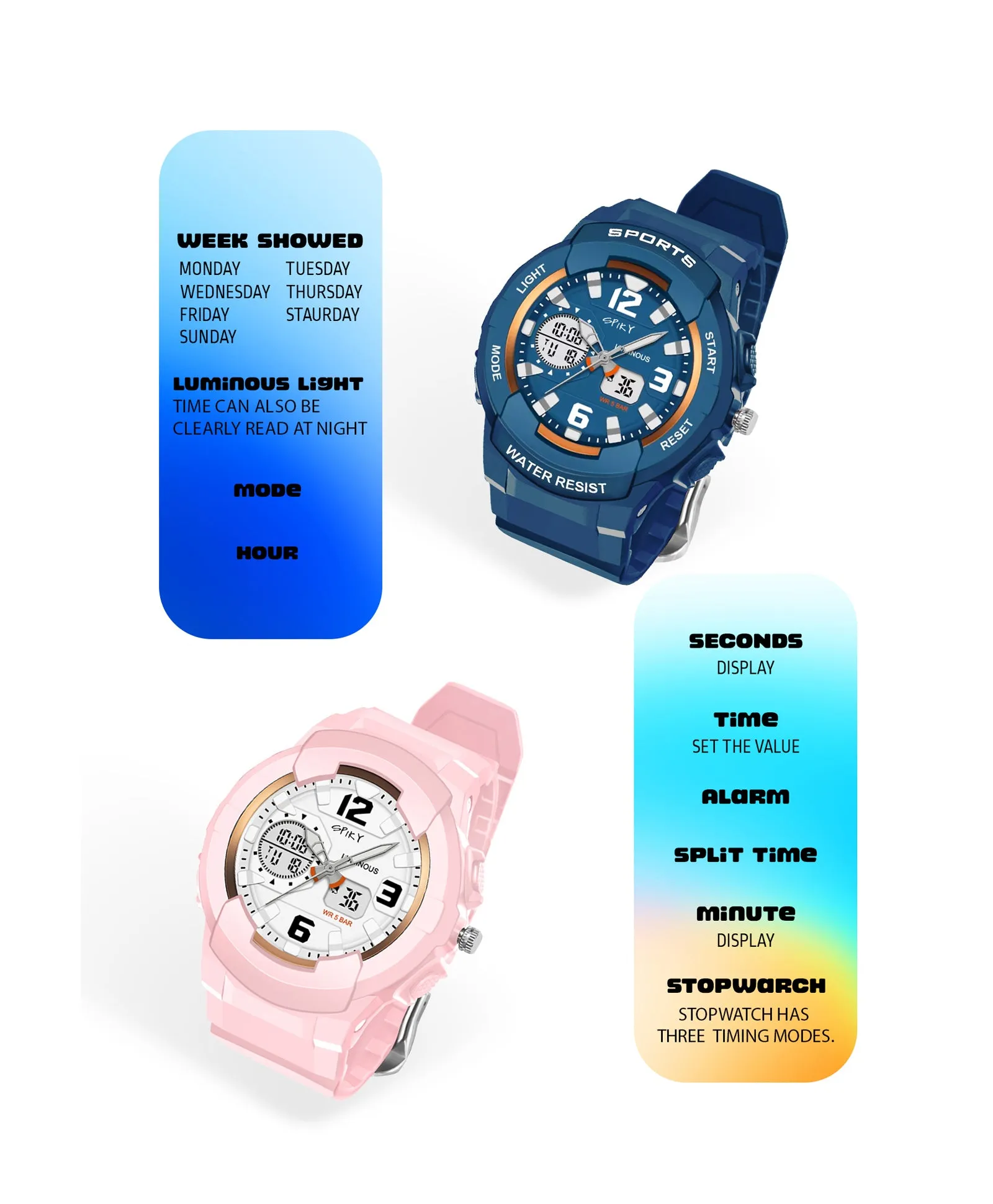 Spiky Round Sports Dual Time Kids Watches Combo