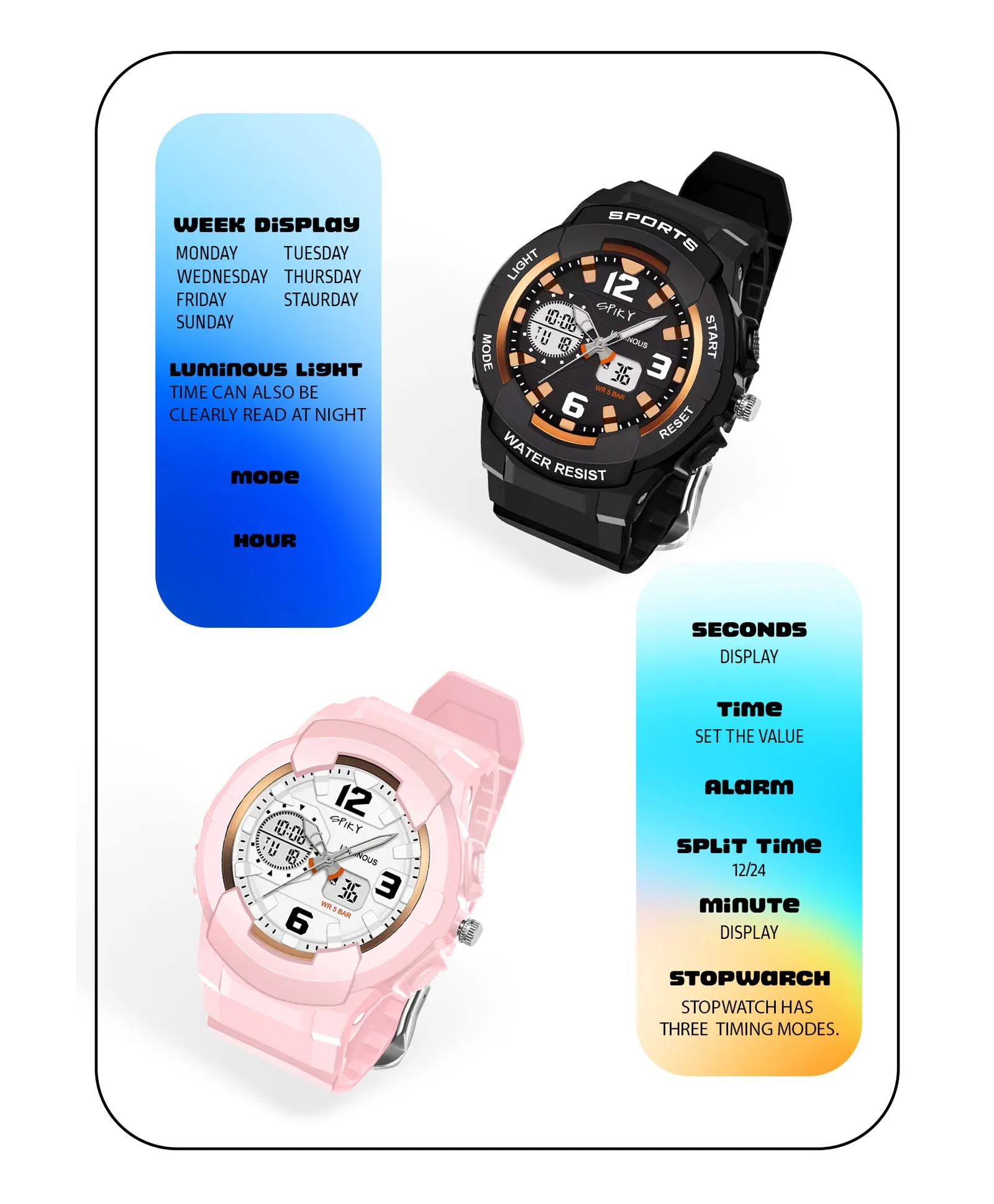 Spiky Round Sports Dual Time Kids Watches Combo