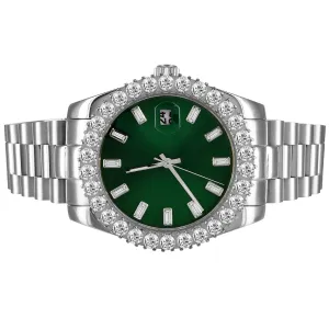 Stainless Steel Green Baguette face 41mm Solitaire Bezel Watch