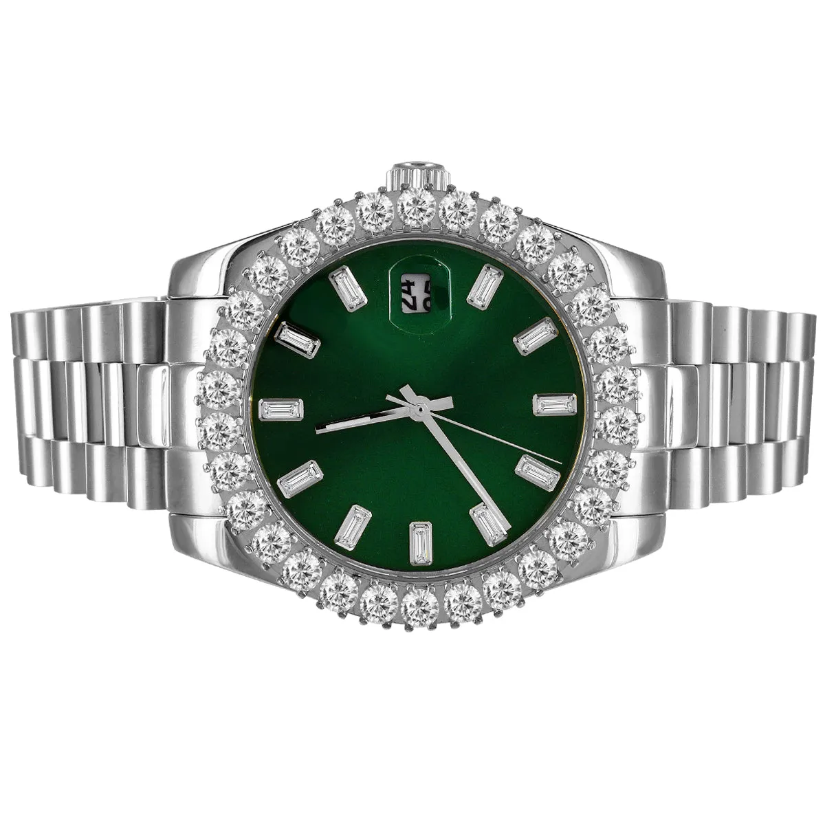 Stainless Steel Green Baguette face 41mm Solitaire Bezel Watch