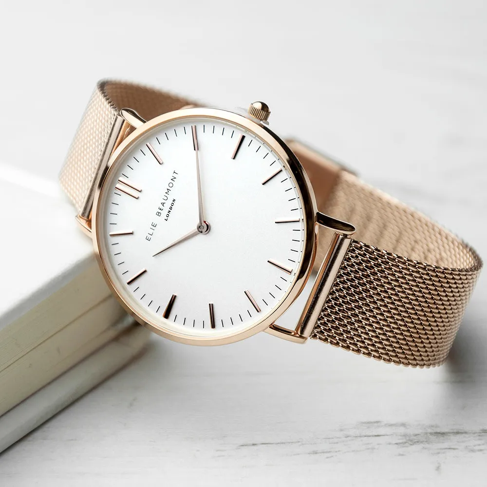 Stunning Rose Gold Mesh Strapped Watch With White Dial