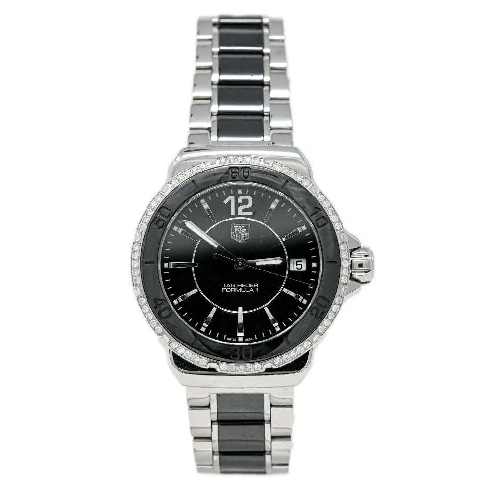 Tag Heuer Ladies Formula 1 Stainless Steel & Ceramic 37mm Black Stick Dial Watch Reference #: WAH1212.BA0859