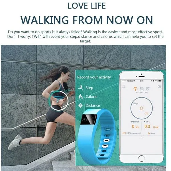 TW64 Bluetooth Smart Watches Smartband Wristband Pedometer Heath Blue