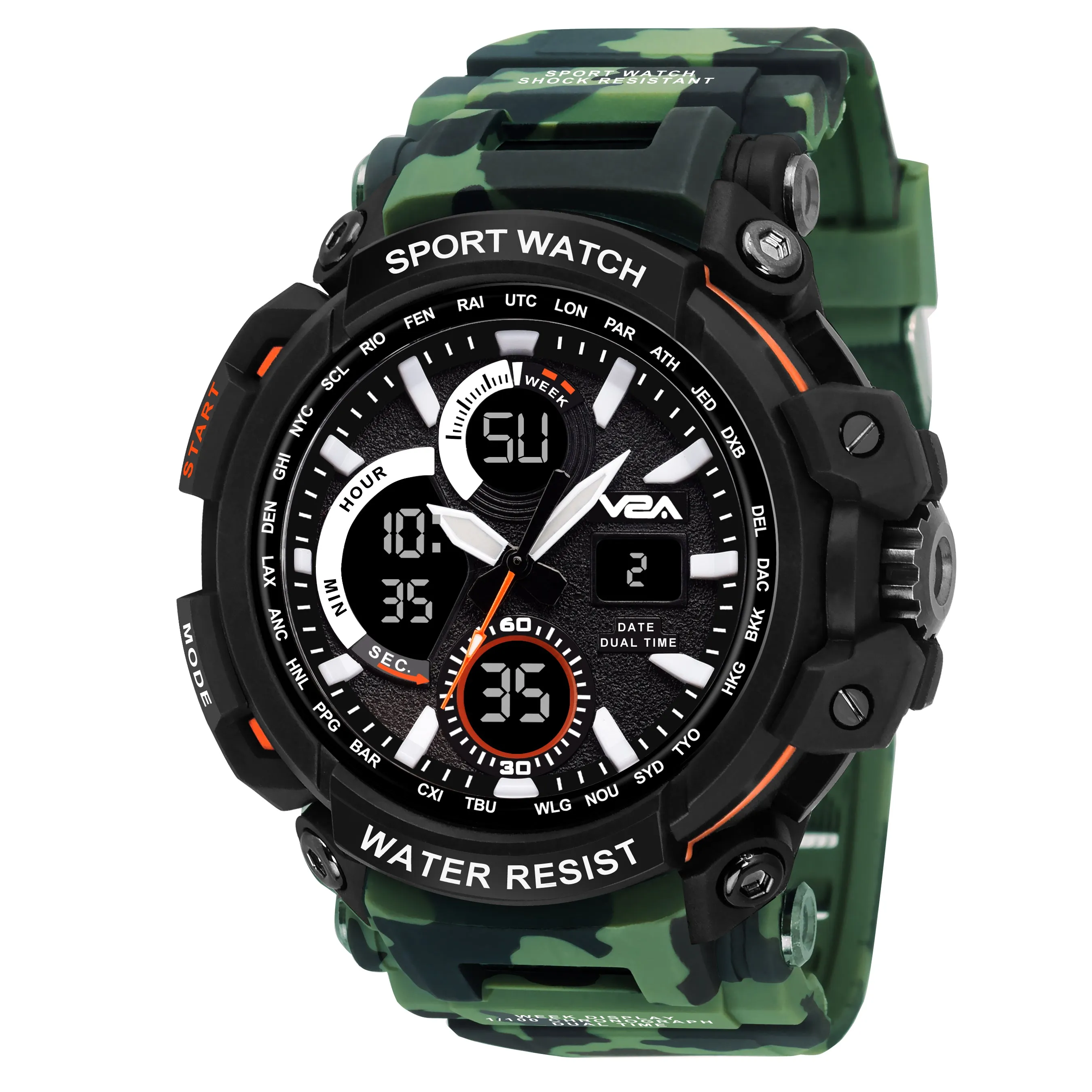 V2A Big Dial Camo-Black Outdoor Sport Shockproof Led Analogue And Digital Waterproof Chronograph Watch For Men