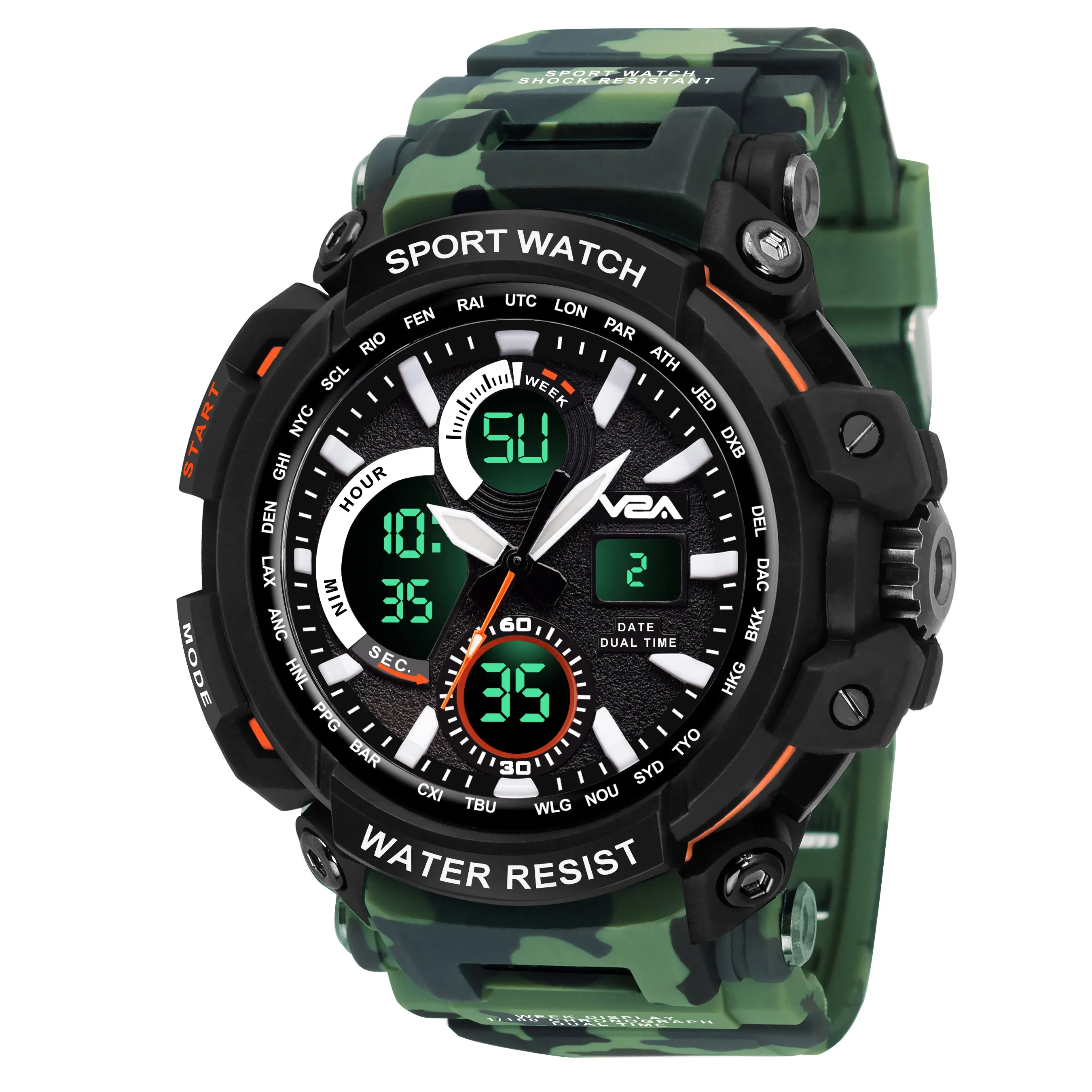 V2A Big Dial Camo-Black Outdoor Sport Shockproof Led Analogue And Digital Waterproof Chronograph Watch For Men