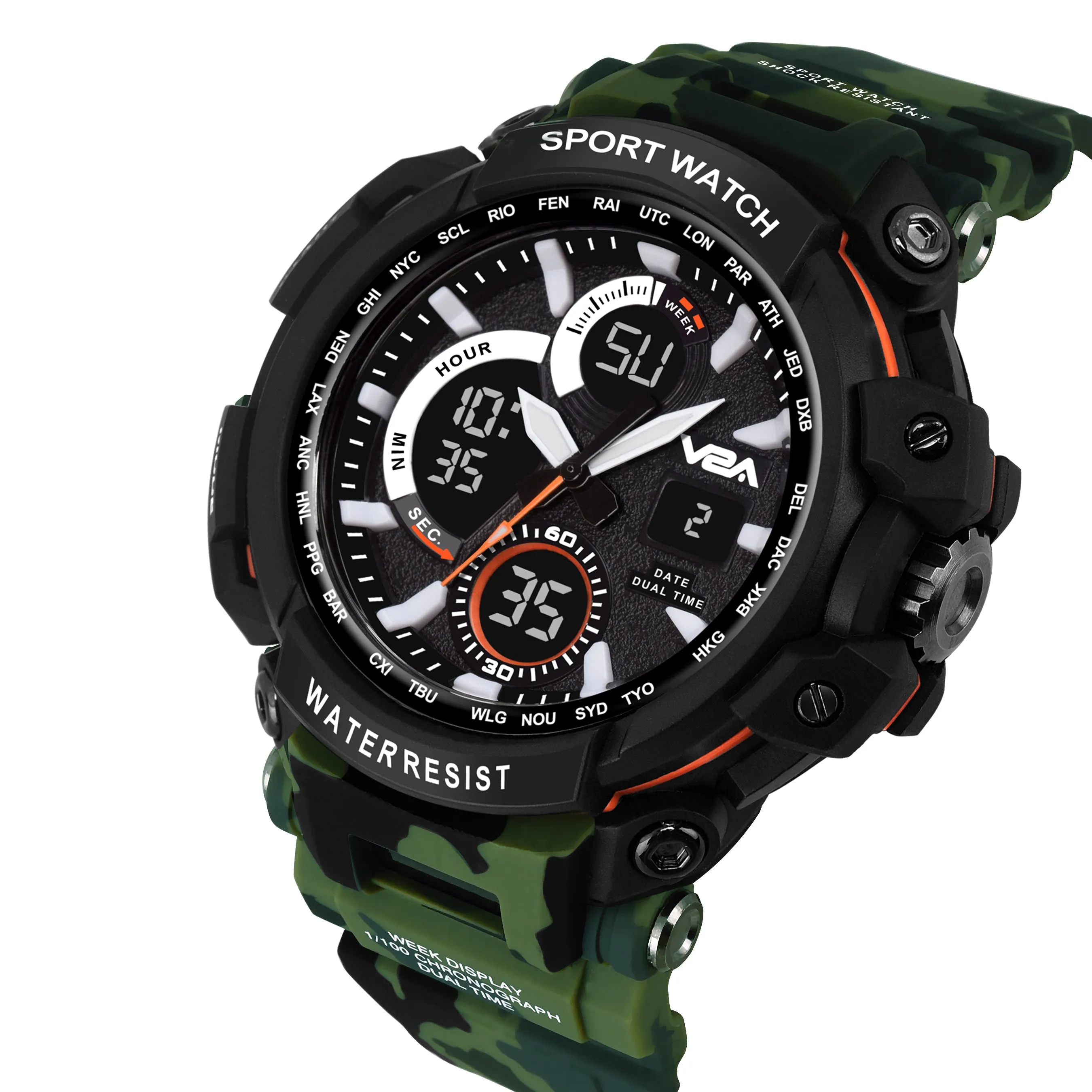 V2A Big Dial Camo-Black Outdoor Sport Shockproof Led Analogue And Digital Waterproof Chronograph Watch For Men